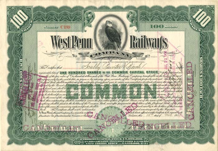 West Penn Railways Co. - Stock Certificate